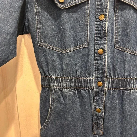 VTG IDEAS Denim Jumpsuit Women Medium Blue Wash Button Front Utility 3/4 Sleeves - Picture 5 of 11